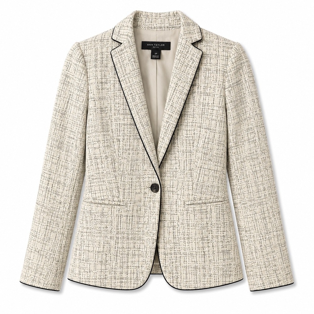 Ann Taylor Petite Blazer 2P Cream Navy Textured Tweed Contrast Piping Lined